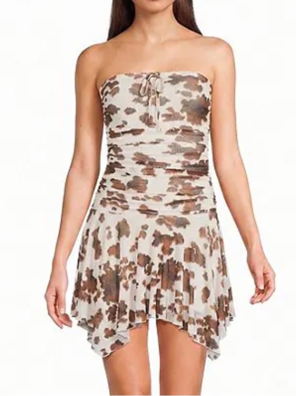 Thirty/Thirty LA Cow Print Strapless Ruched Handkerchief Hem Dress Size S